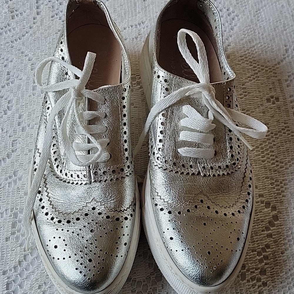 Shellys London Silver Metallic Leather Oxford Sneakers Shoes size 38